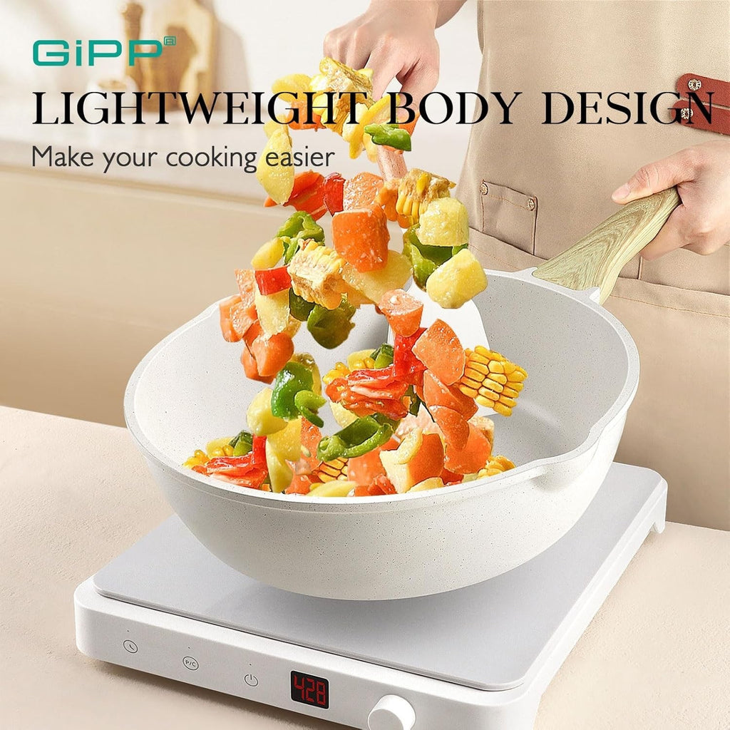 10Pcs White Ceramic Non Stick Cookware Set with Glass Lids, Induction & Gas Safe