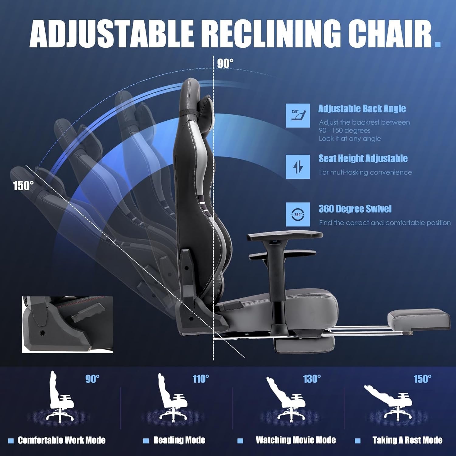 Big & Tall Gaming Chair 350lbs Reclining Ergonomic Office Seat Grey