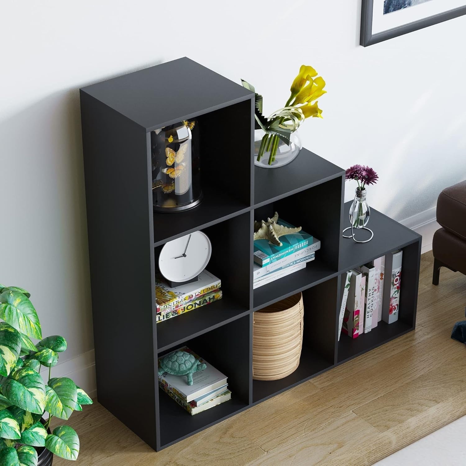 6 Cube Staircase Storage Shelf Black Modern Durable Organizer