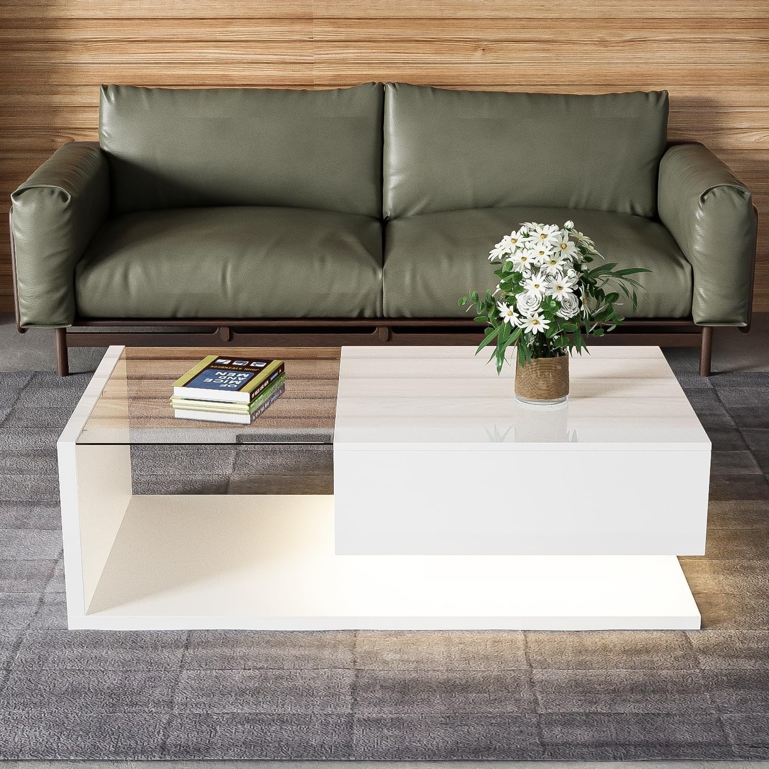 LED Coffee Table with Storage Compartment & 16-Color Lights, 105x55x32.5cm