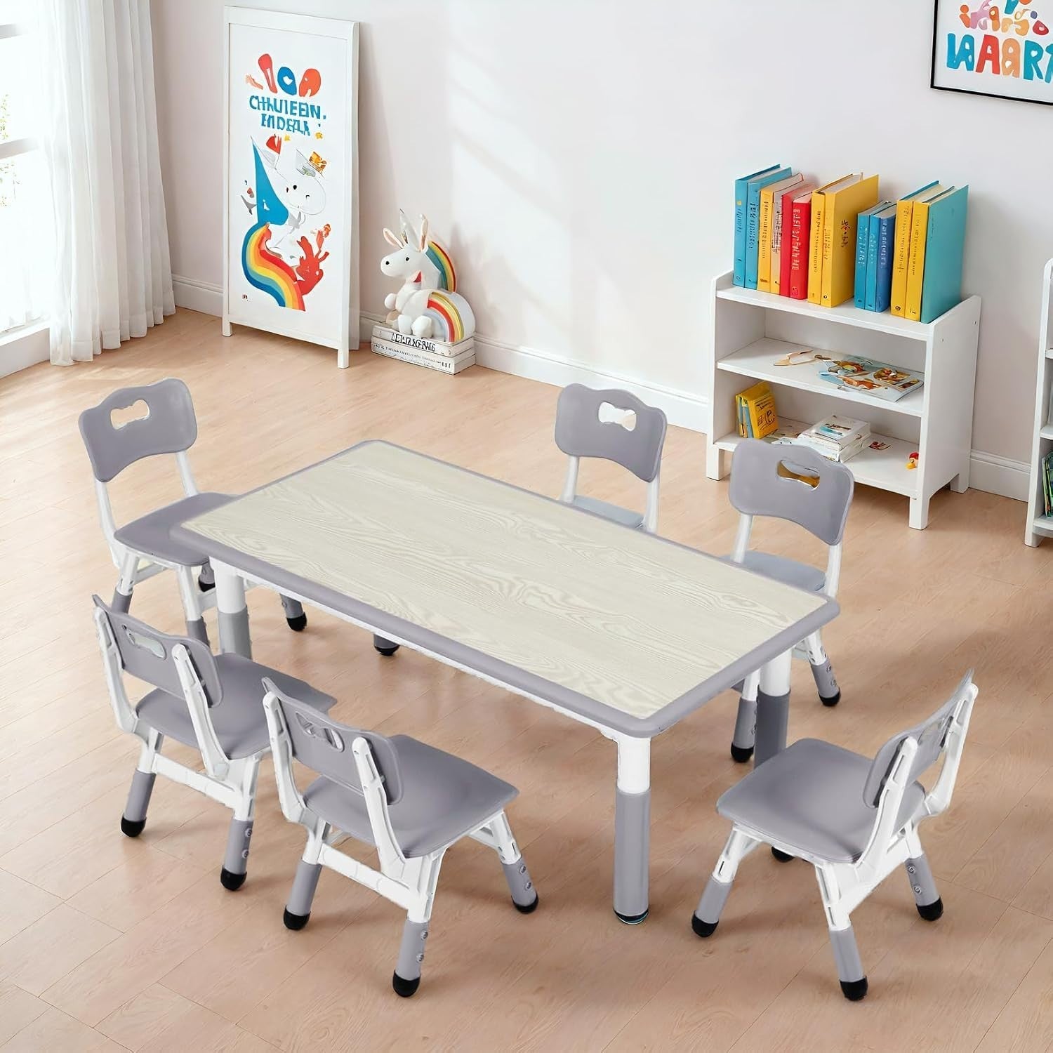 Kids Table and 6 Chairs Set Adjustable Height Study Dining Furniture Grey