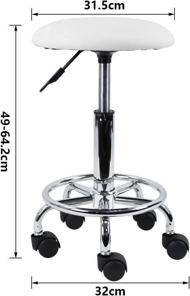 White Adjustable Swivel Rolling Stool with Wheels – PU Leather Seat