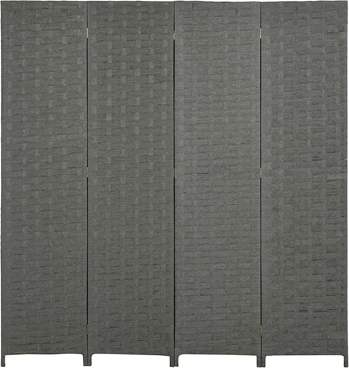 4 Panel Folding Room Divider – Grey Woven Privacy Screen for Bedroom