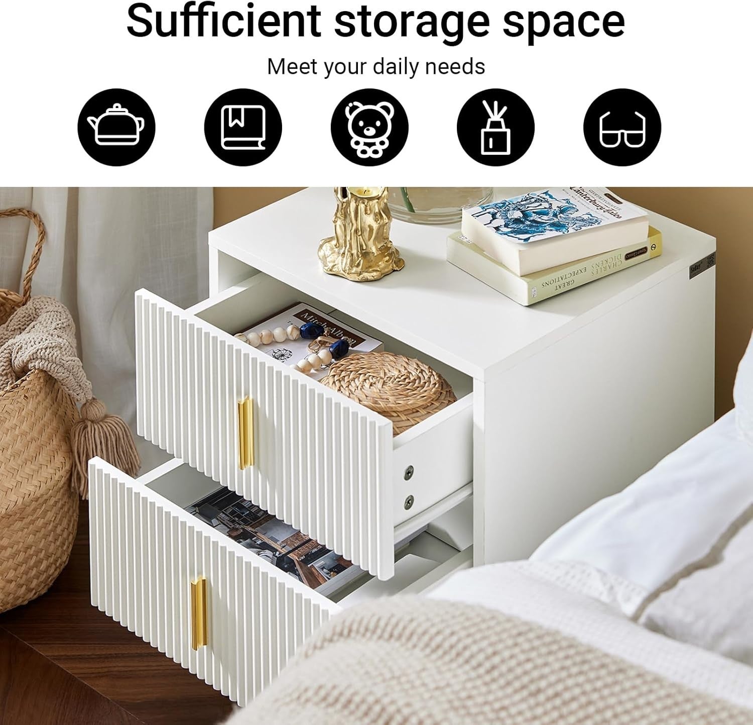 Modern White Bedside Table with 2 Drawers & Gold Legs – Elegant Nightstand