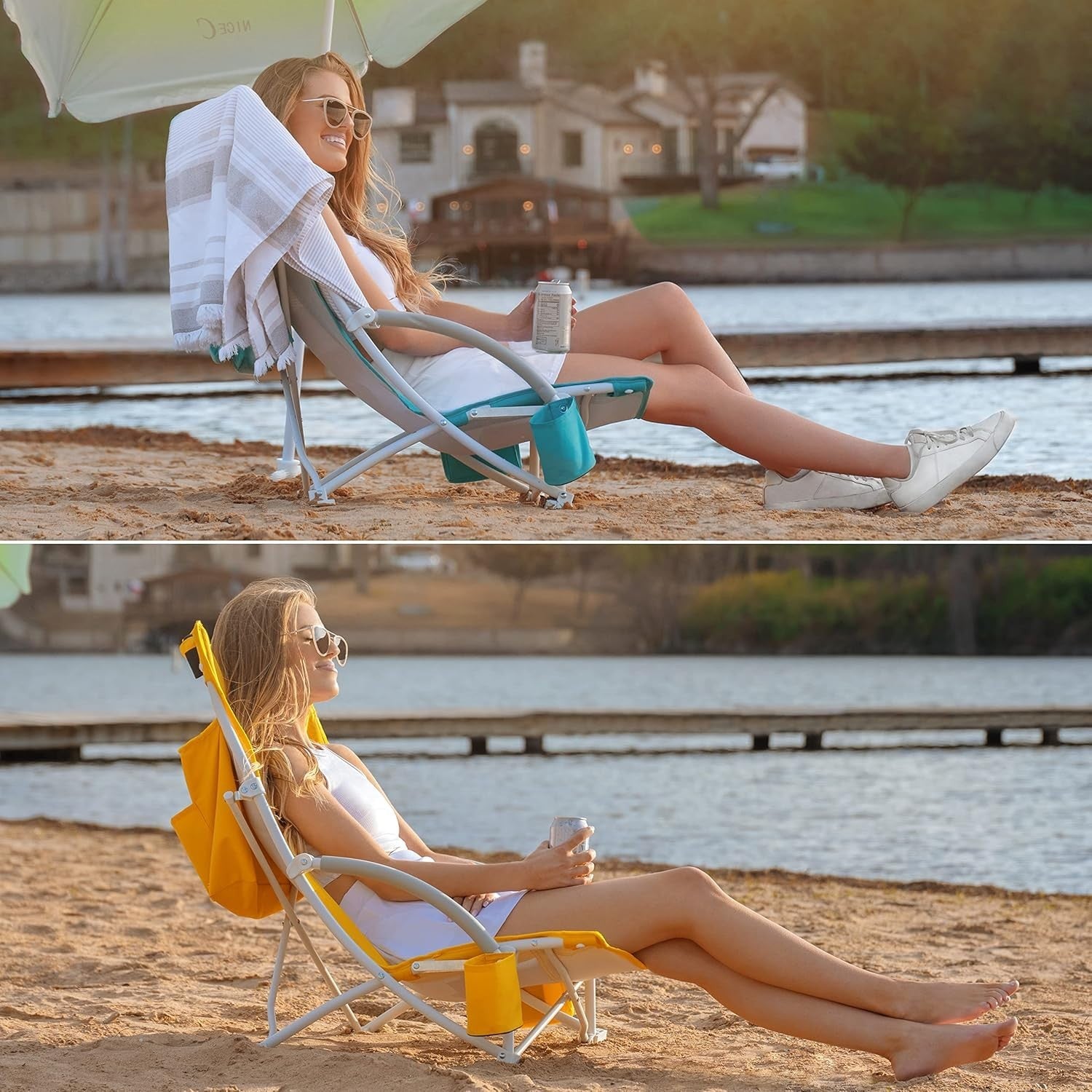 Beach Chair with UPF 50 Umbrella, Cooler Bag, Cup Holder, Folding Seat