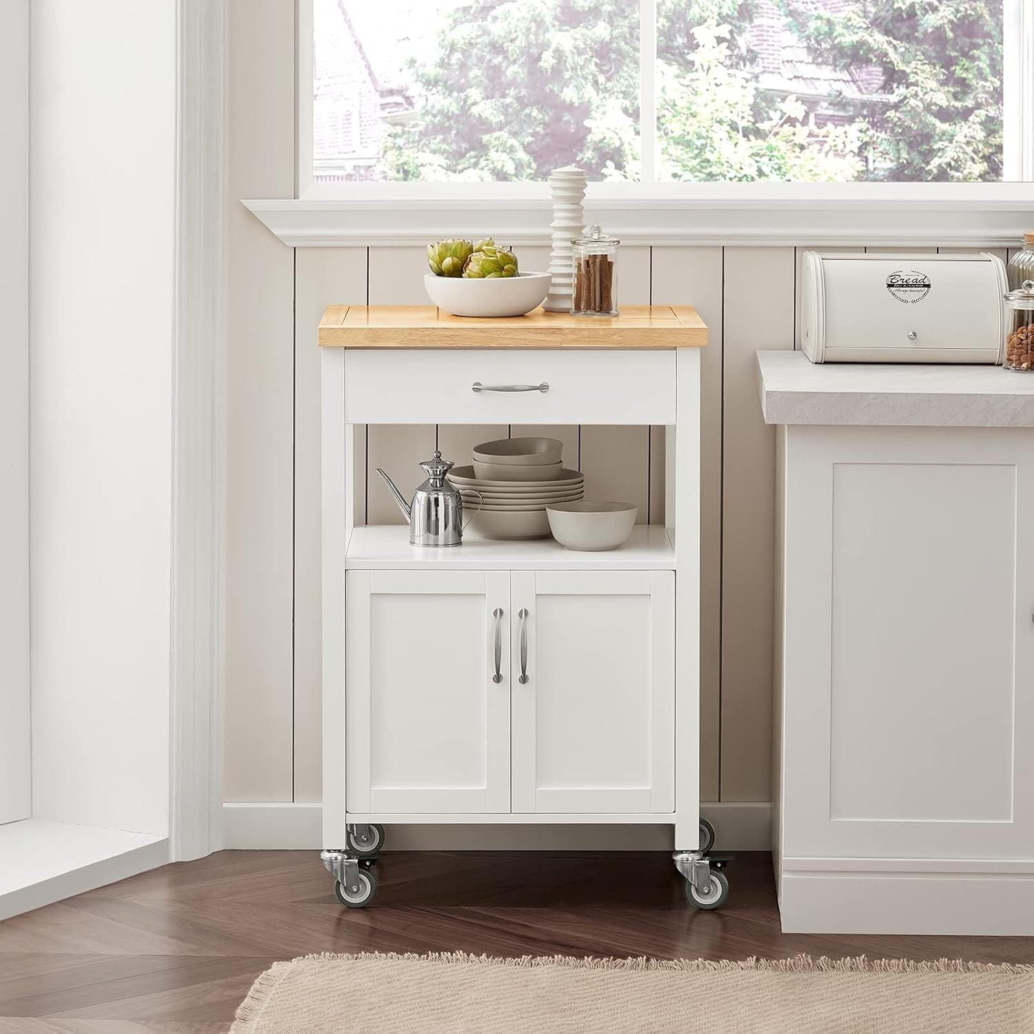 Kitchen Trolley Cart on Wheels Storage Cabinet Rubberwood Top Drawer