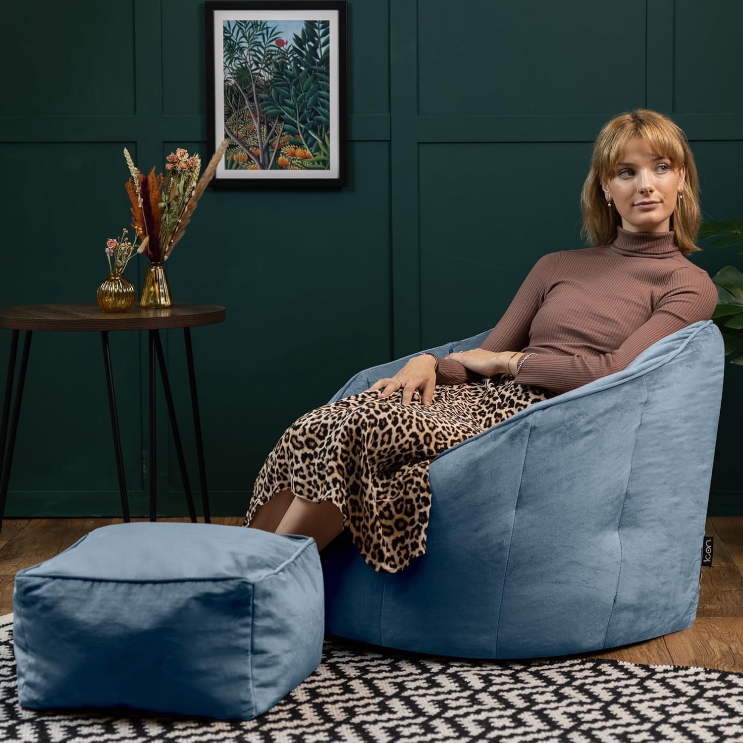Velvet Bean Bag Chair With Footstool Adult Seat Mineral Blue Lounge Set