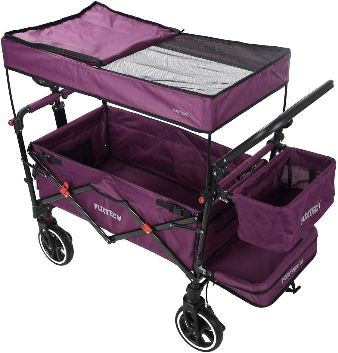 Purple Folding Stroller Wagon Kids Push Pull Cart w/ Canopy & Safety Harness