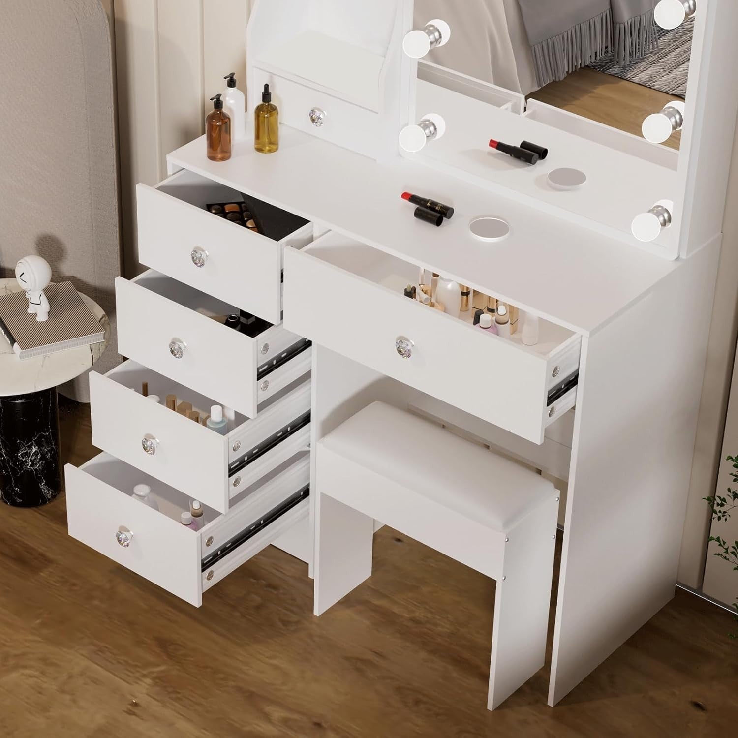 Vanity Makeup Dressing Table Desk 3-Color LED Mirror 6 Drawers Storage Stool Whi