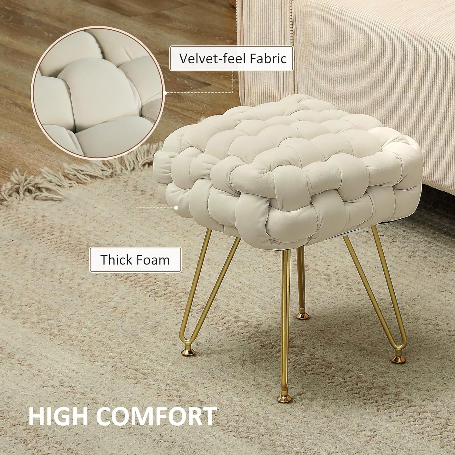 Cream White Square Footstool Woven Velvet Seat Ottoman Metal Leg Stool