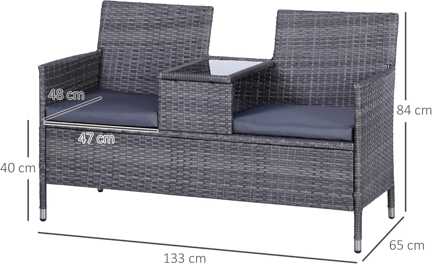 2-Seater Outdoor Rattan Garden Sofa with Cushions & Table, Grey Patio