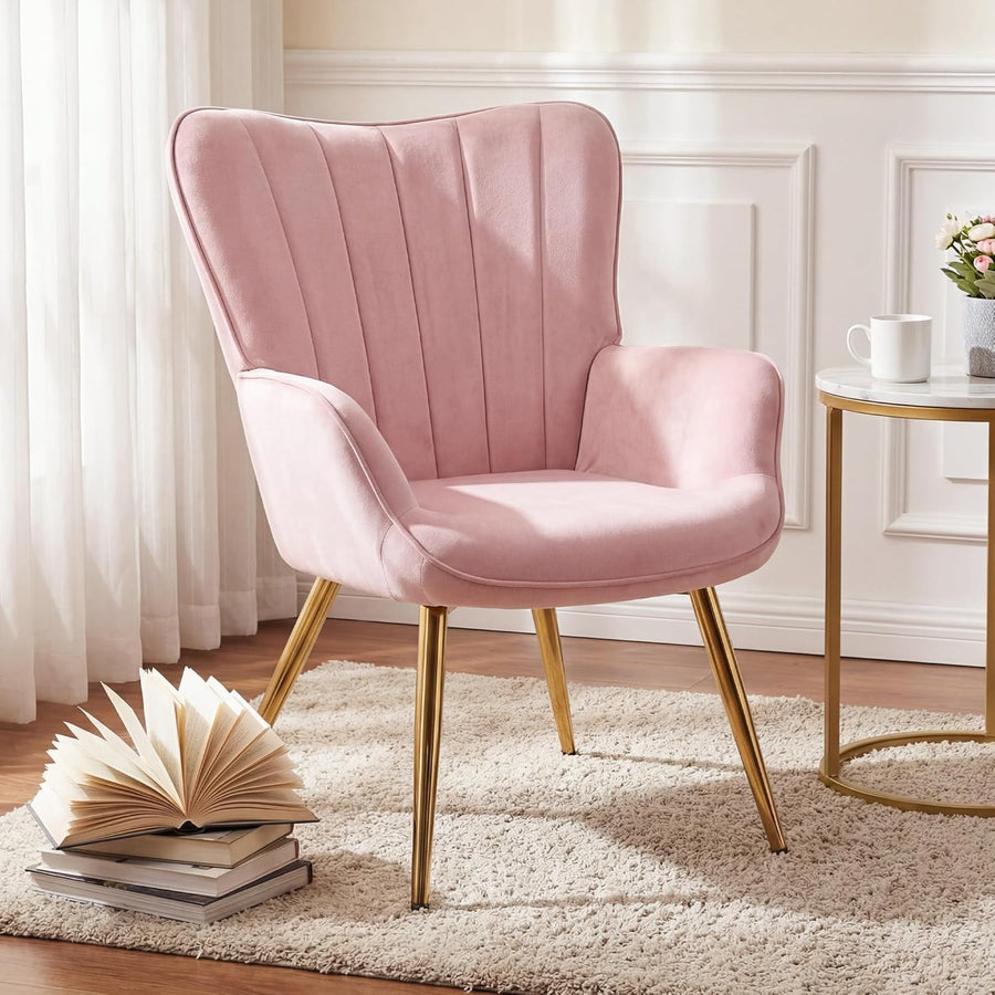 Wing Back Accent Armchair with Ottoman Modern Lounge Chair Pink