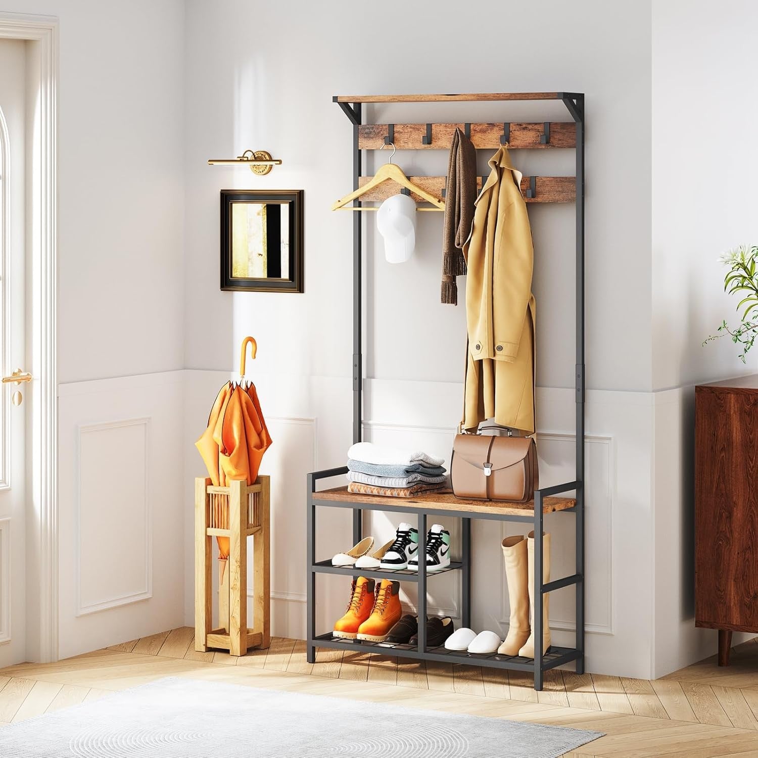 Rustic Brown Industrial Coat Rack with Shoe Bench | 9 Hooks Hall Tree Stand