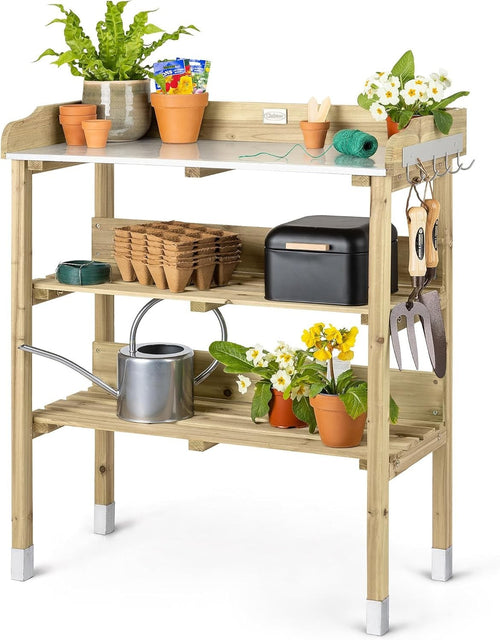 Wooden Garden Potting Table Bench Aluminium Top Shelves Hooks Outdoor