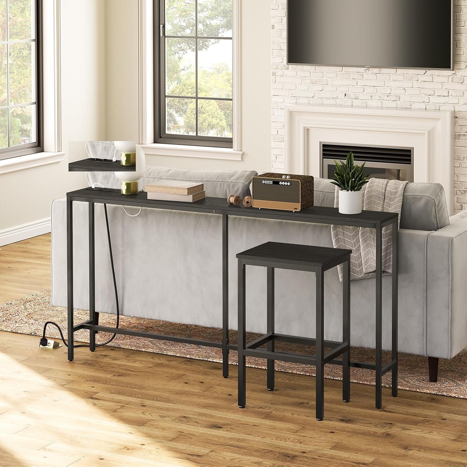 Narrow Console Table with Power Outlet USB Ports 180x20x80.5cm