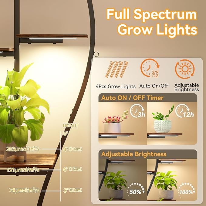 8 Tier Tall Metal Plant Stand with Grow Lights Indoor Garden Display Shelf