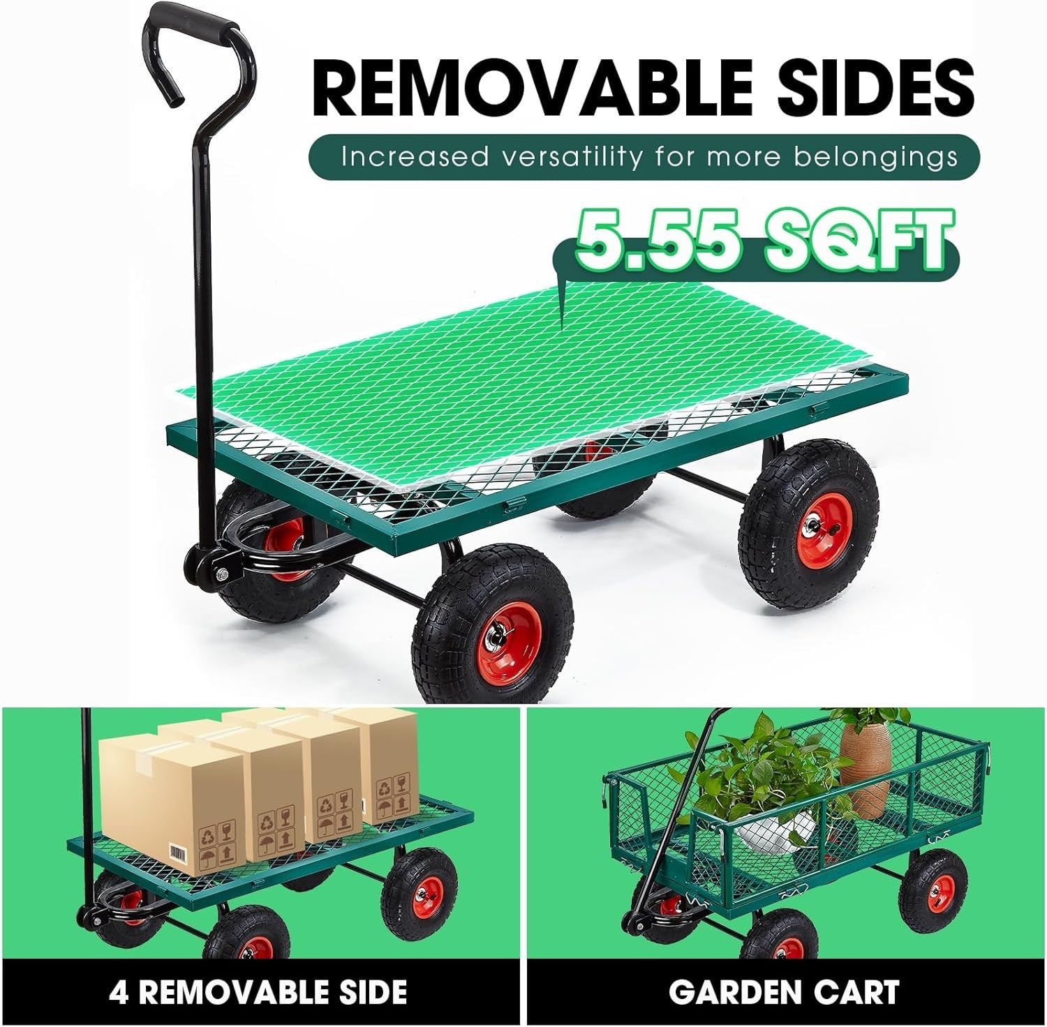 Green Heavy Duty Garden Trolley 1100lbs Steel Mesh Cart Wagon with 10" Tyres