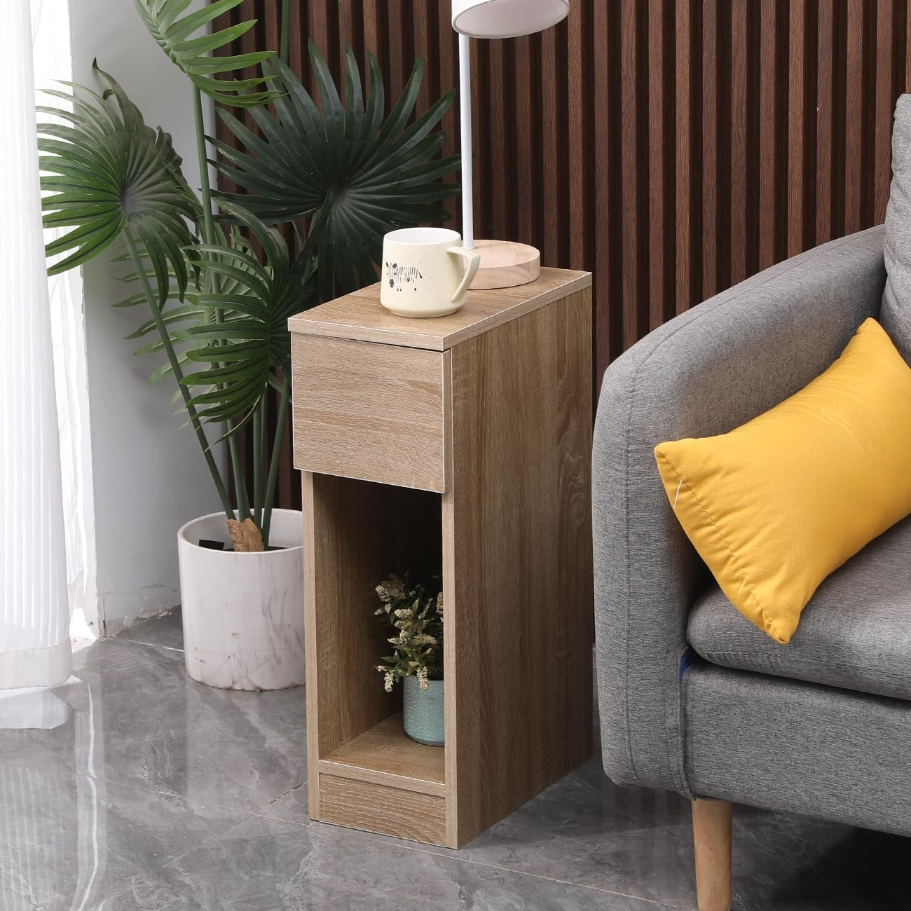 Slim Walnut Bedside Table with Storage Shelf, Narrow Side Cabinet for Small Spac