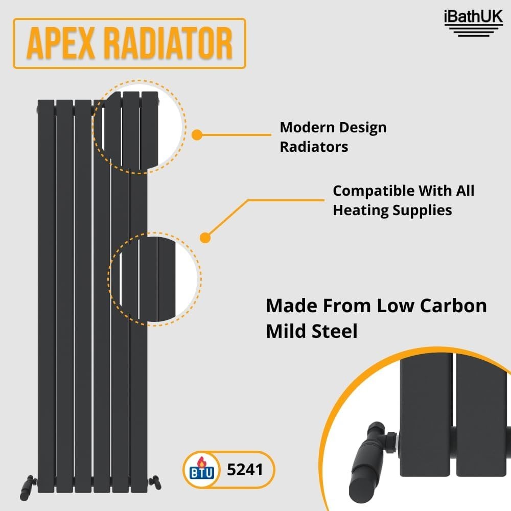 Slim Vertical Anthracite Radiator | Double Panel | 1600x456mm | Bathroom/Kitchen