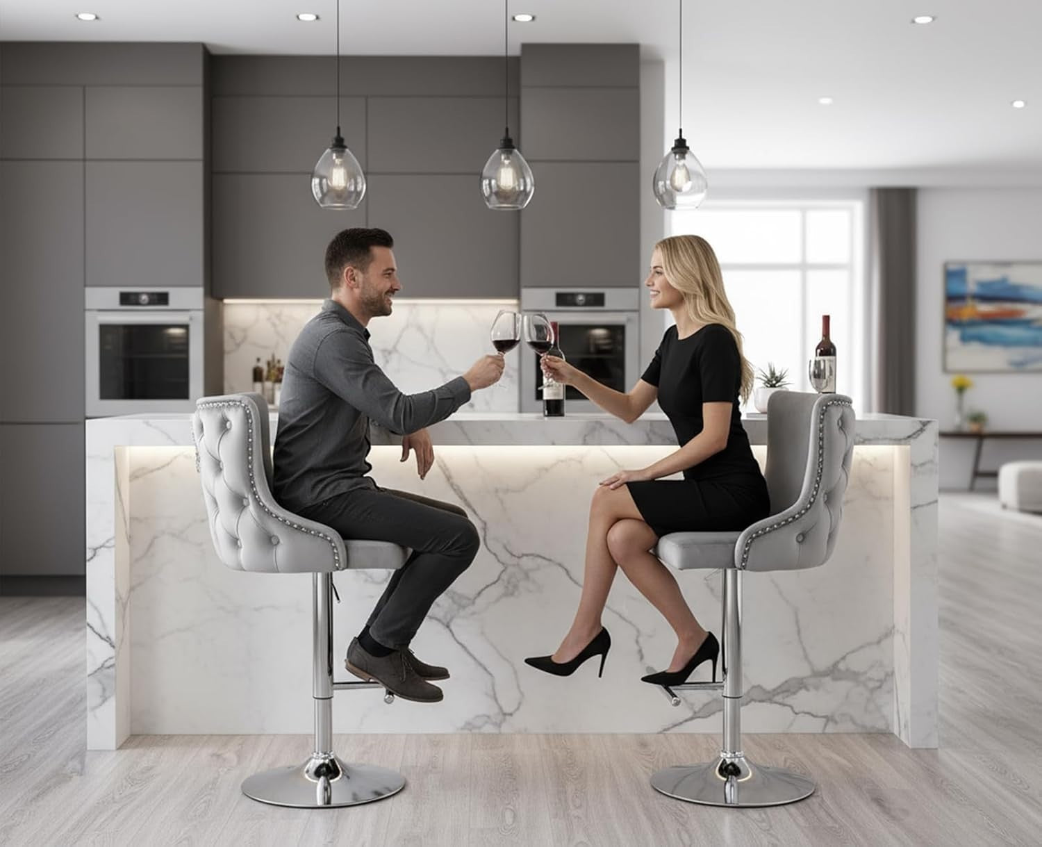 Luxury Velvet Bar Stools Set of 2 – Adjustable Swivel, Lion Accent, Grey