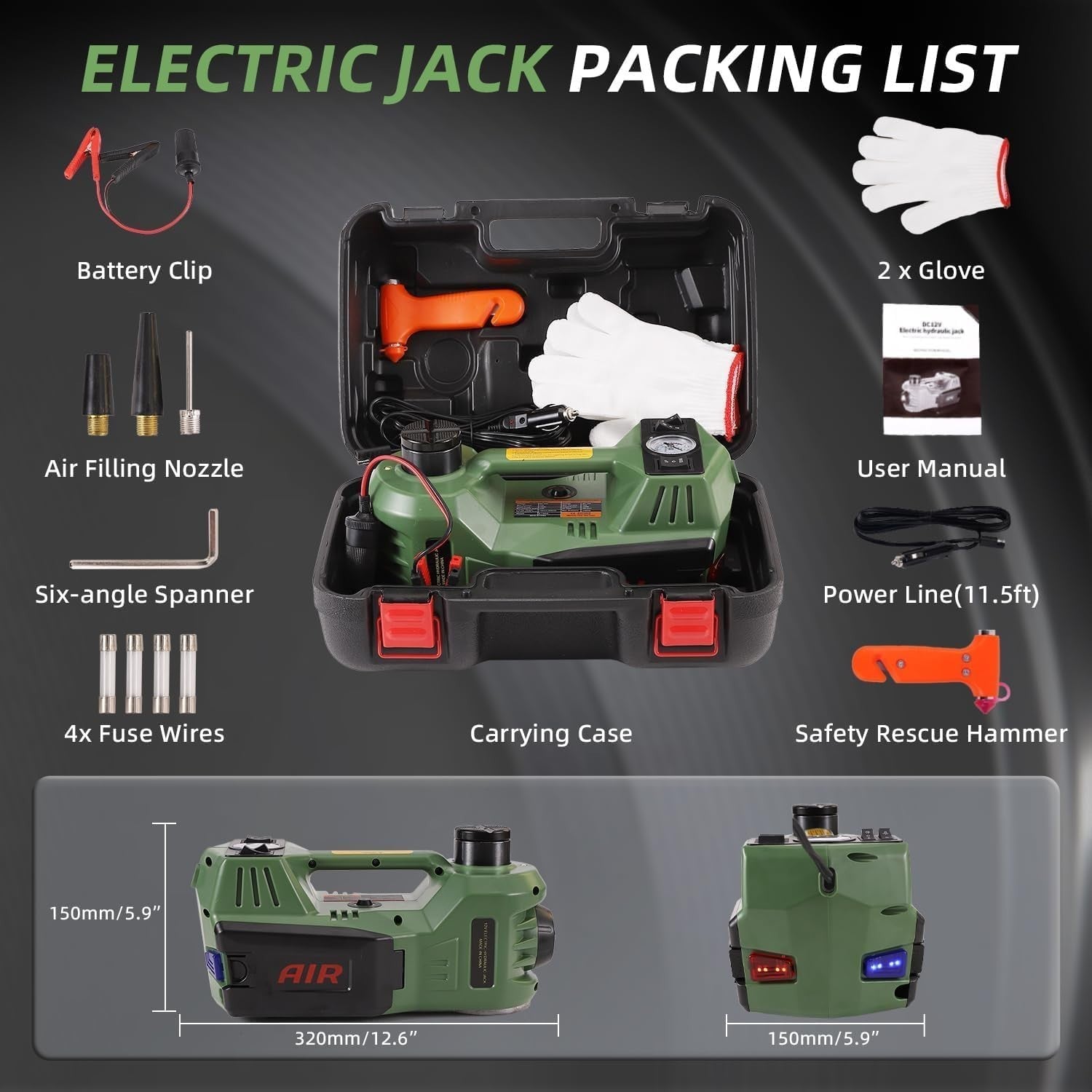 5 Ton Electric Hydraulic Car Jack 4-in-1 Lift Kit with Air Pump 15–17.7" Green