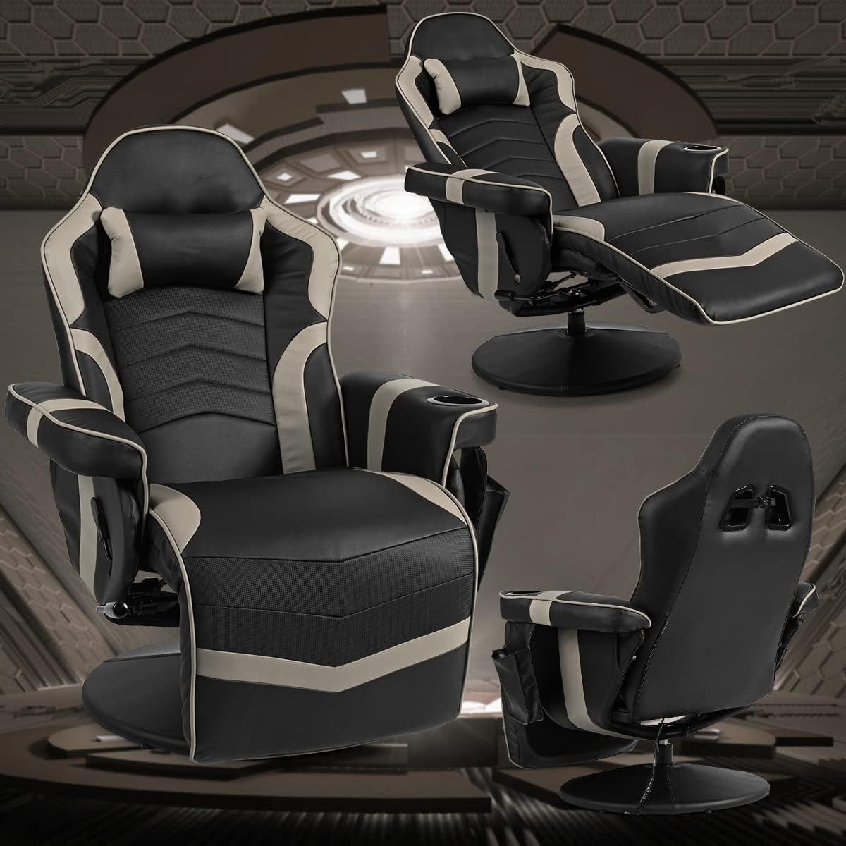 Massage Gaming Chair Recliner Footrest Cup Holder PU Leather