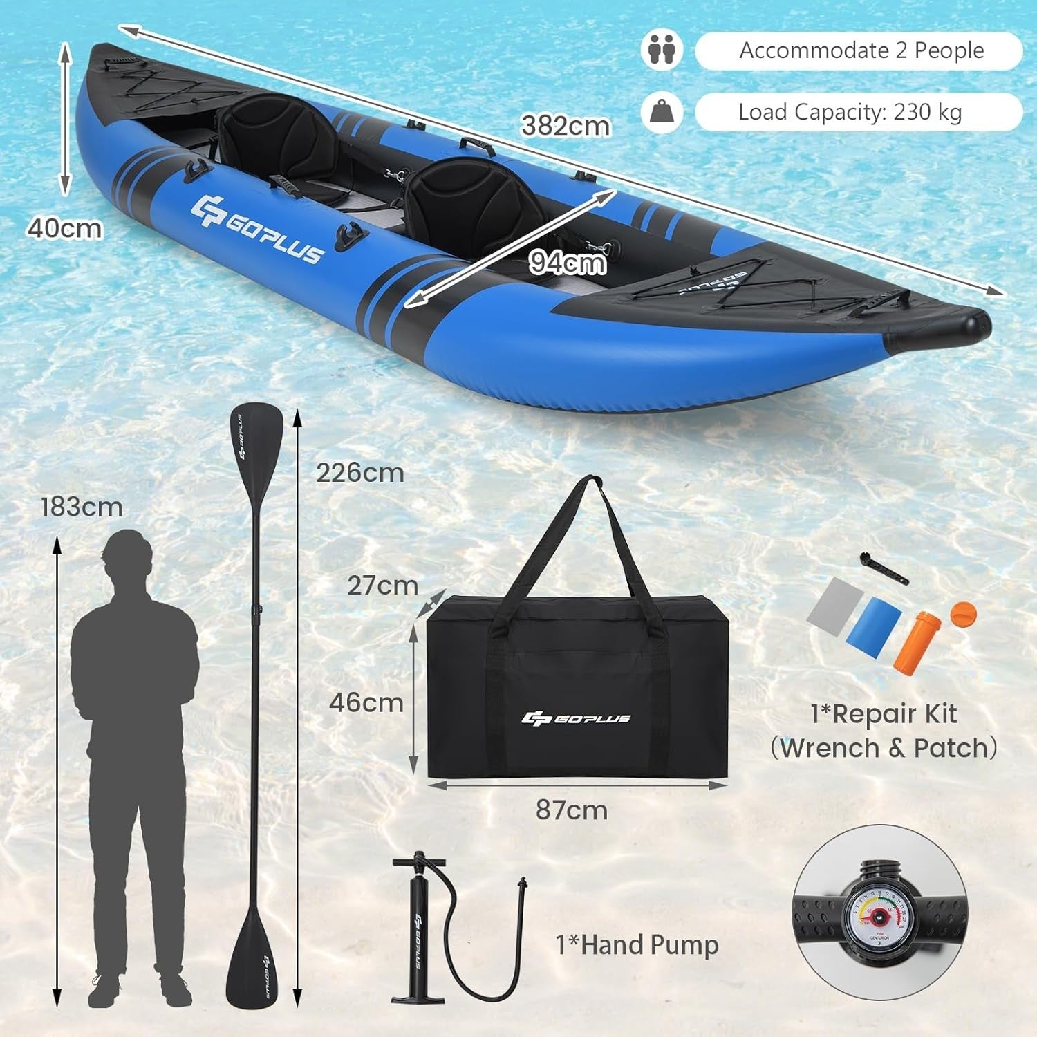 12.5FT Inflatable Kayak Set 2 Person Canoe w/ Oars Pump Seats
