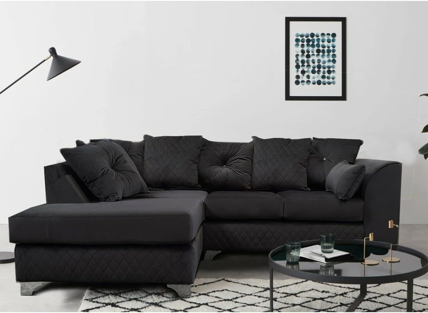 Black Velvet Corner Sofa ✨ 3-4 Seater L Shape LH with Chrome Feet