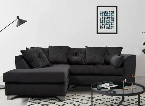 Black Velvet Corner Sofa ✨ 3-4 Seater L Shape LH with Chrome Feet