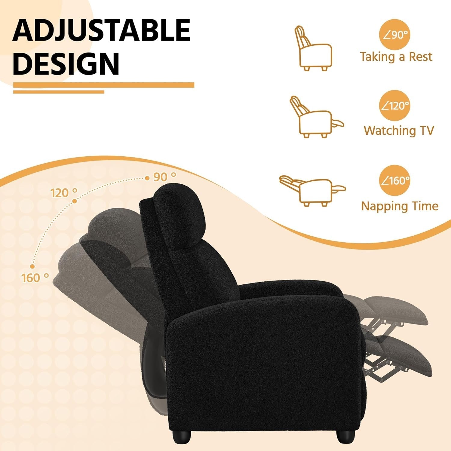 Boucle Recliner Chair Black Lounge Sofa Adjustable Armchair Home Cinema