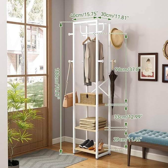 Freestanding Coat Rack with Shelves & Hooks Entryway Storage Stand 180cm