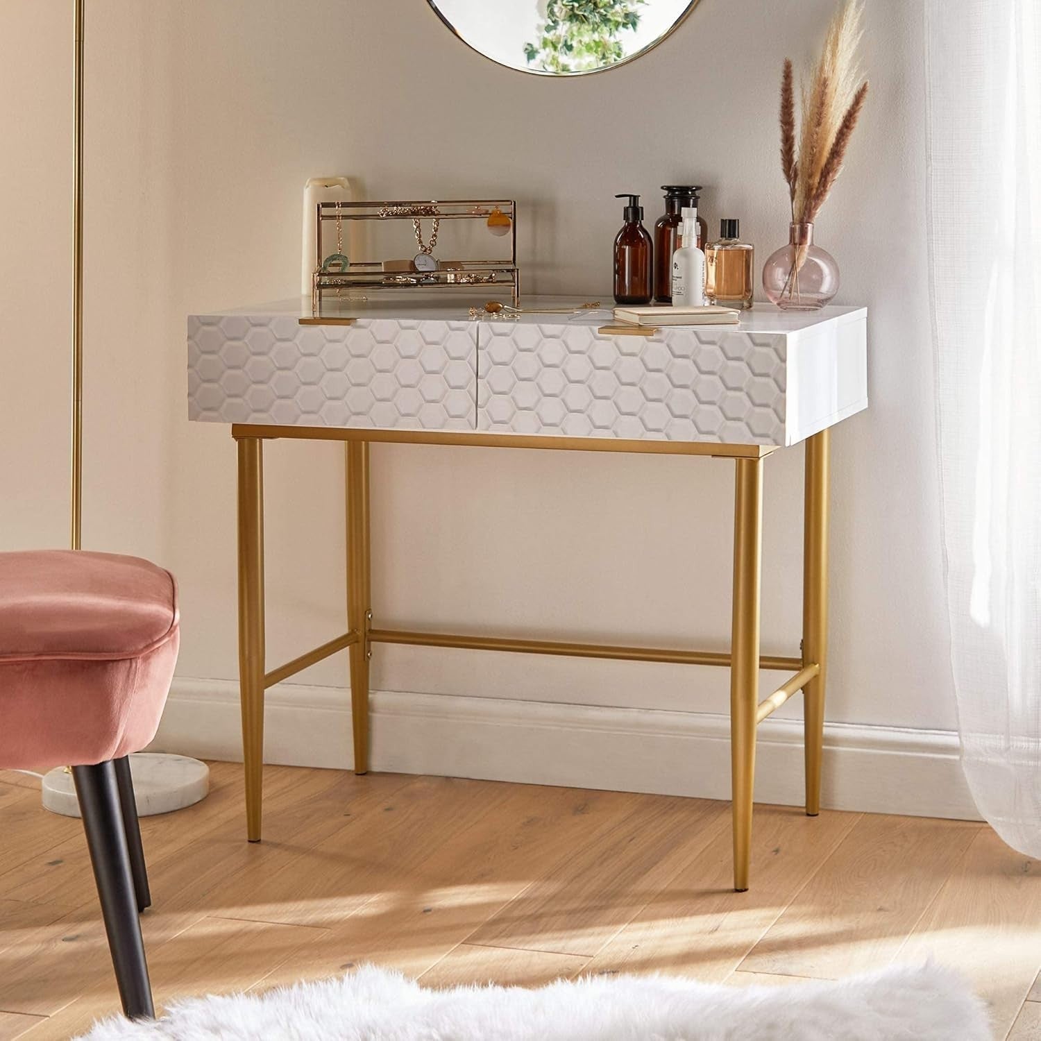 Modern White Dressing Table with Gold Legs, 2 Drawers, Glossy Finish, 90x75cm