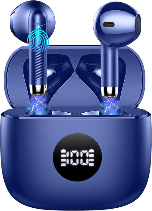 Bluetooth 5.4 Earbuds Blue ENC Noise Cancel Mic 40H LED Touch IP7