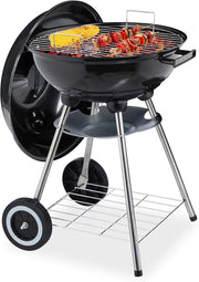 Portable Charcoal Kettle BBQ Grill 40cm with Lid & Wheels for Garden & Camping