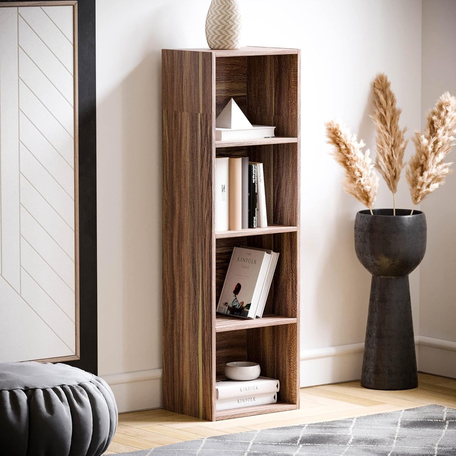 4 Tier Walnut Wooden Cube Bookcase Small Storage Shelf for Living Room Office