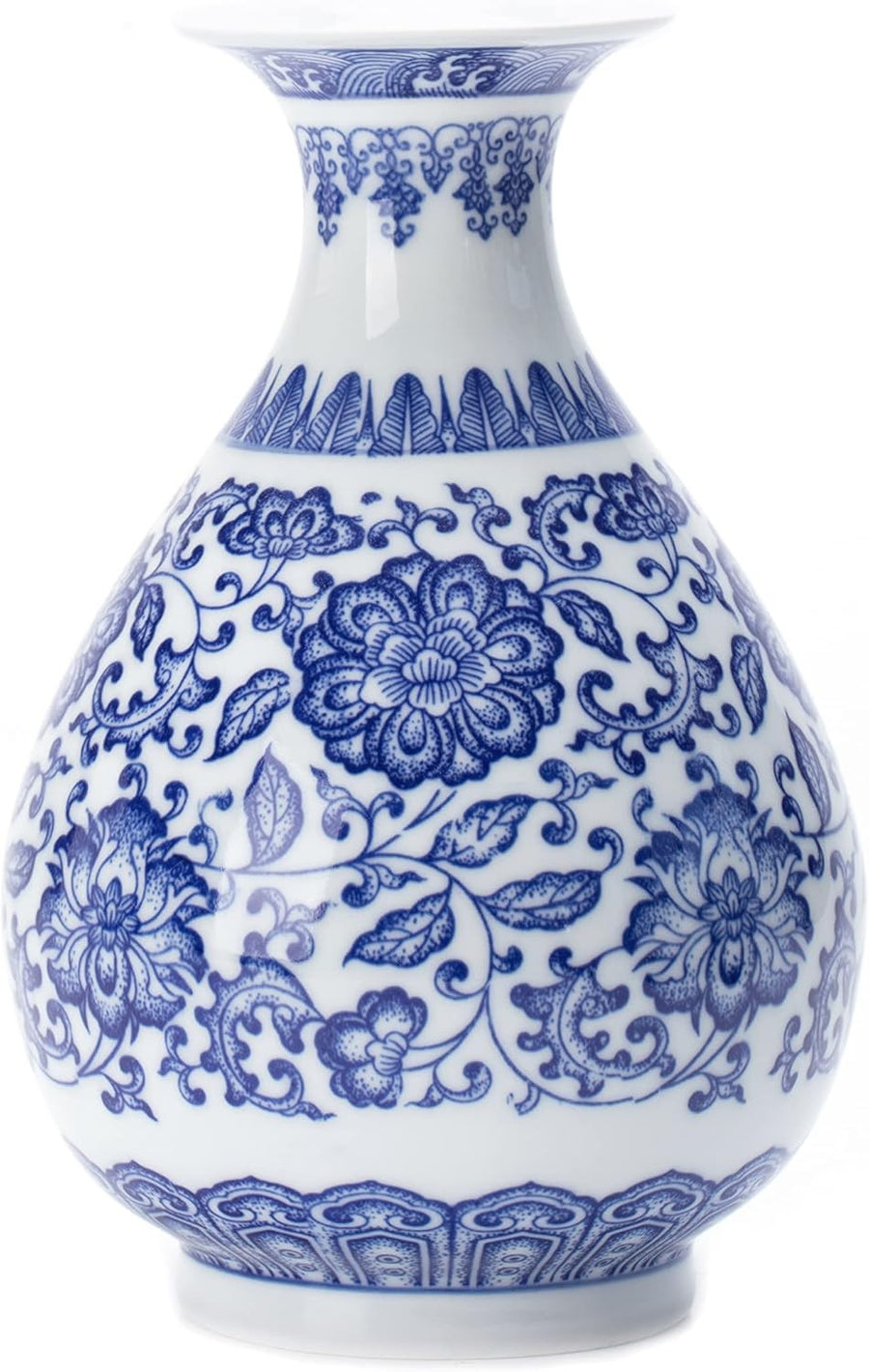 Blue White Chinoiserie Ceramic Vase 8in Glossy Floral Table Centerpiece