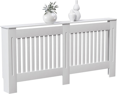Extra Large White Radiator Cover | Modern Slatted MDF Heating Cabinet with Shelf