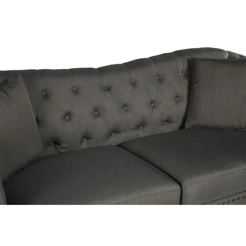 3 Seater Grey Chesterfield Sofa Deep Button Tufted Scroll Arm Fabric