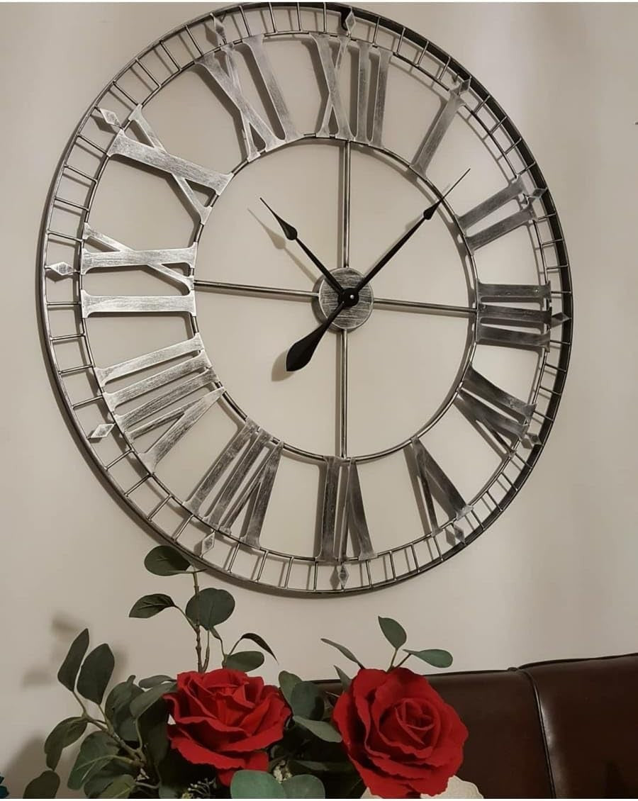 Extra Large 88cm Skeleton Wall Clock Rustic Silver Metal Roman Numerals Decor