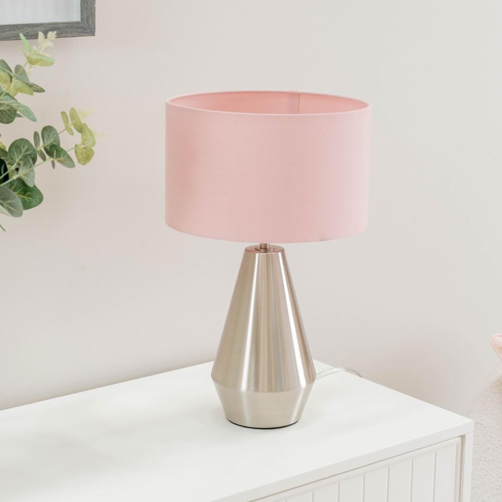 Silver Touch Dimmer Table Lamp Pink Drum Shade Bedside LED Light