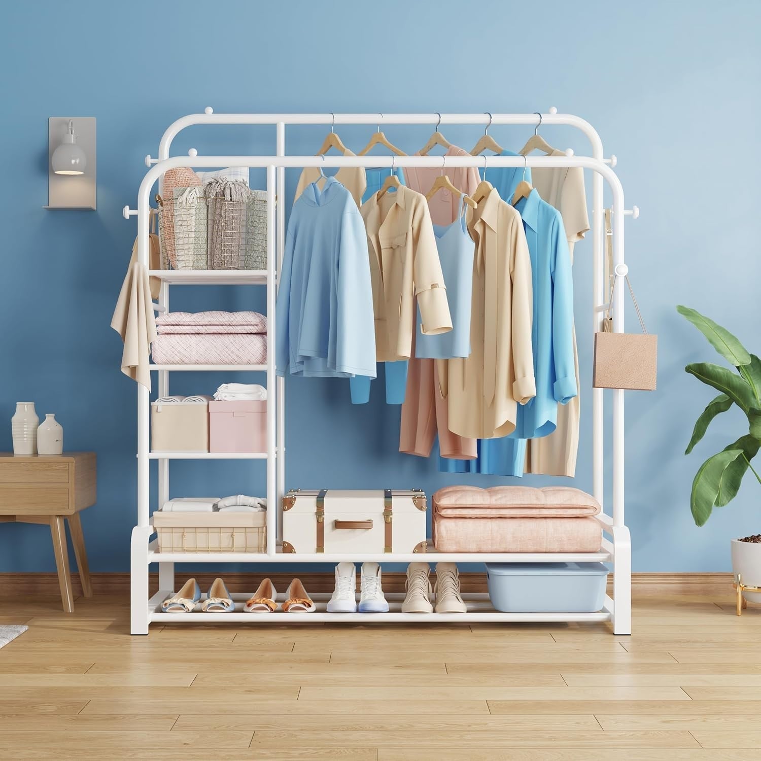 Heavy Duty Clothes Rail with Shelves & Hooks – White 110×145cm
