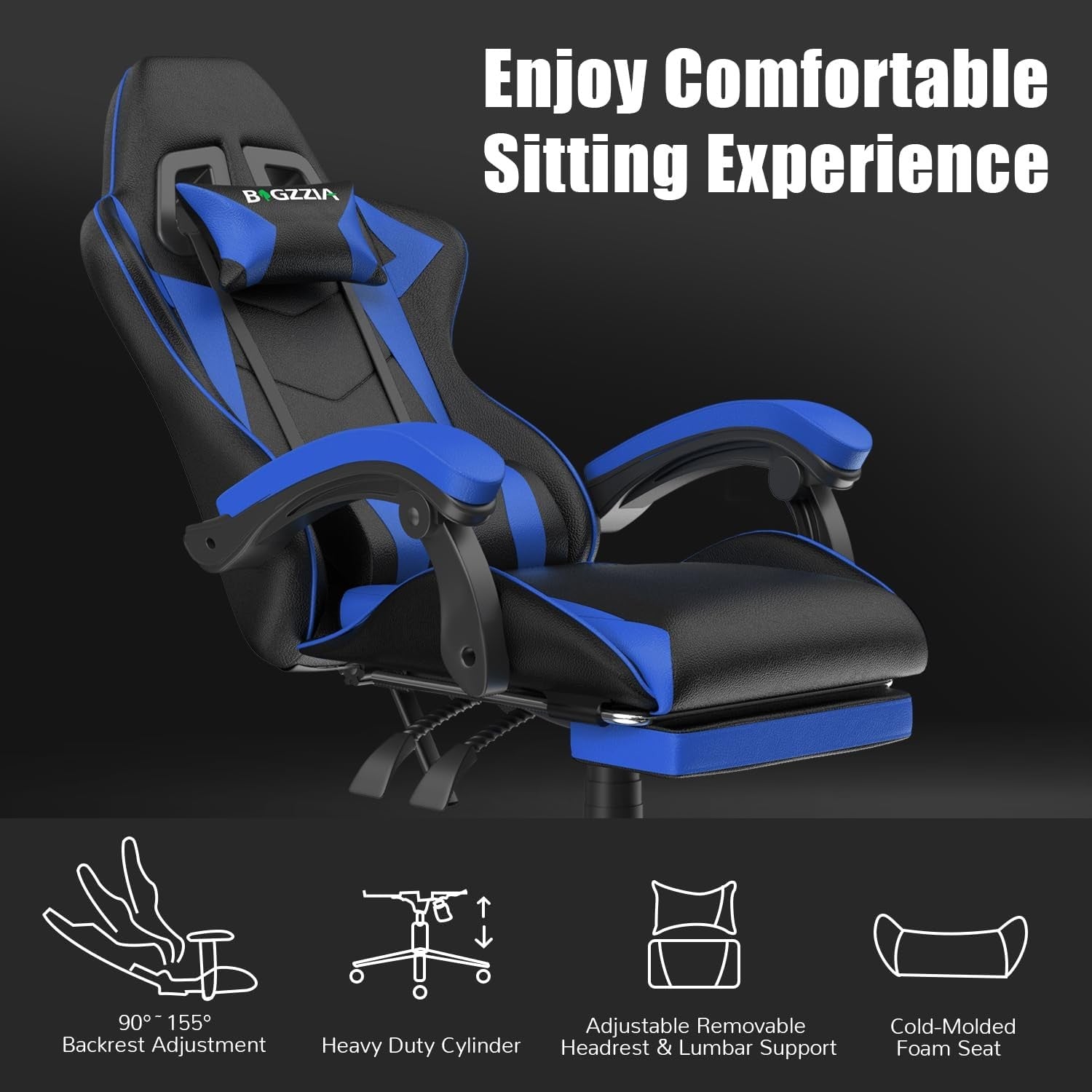 Ergonomic Gaming Chair Recliner w/ Footrest Lumbar Support Blue