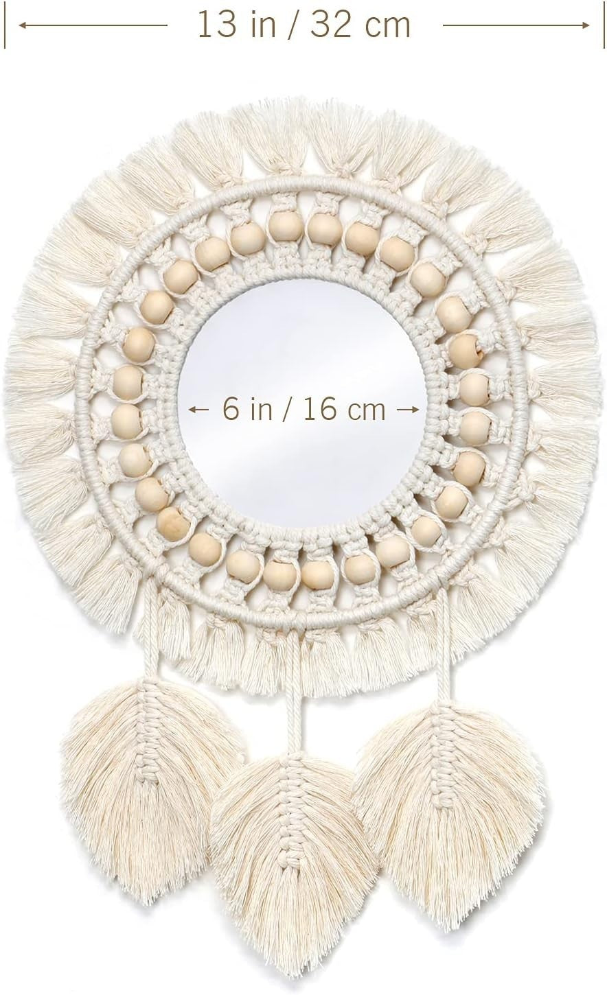 Boho Macrame Wall Mirror 13" Round Cotton Fringe Mirror Decor