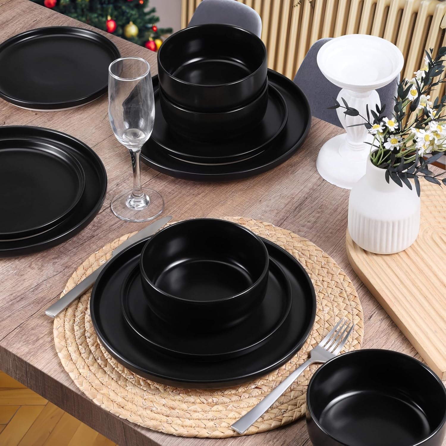 18pc Stoneware Dinnerware Set Plates Bowls Matte Black for 6