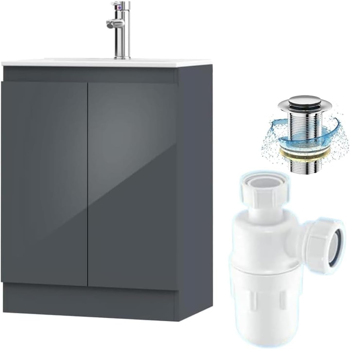 600mm Grey Under Sink Bathroom Vanity Unit with Basin Cupboard Storage Cabinet