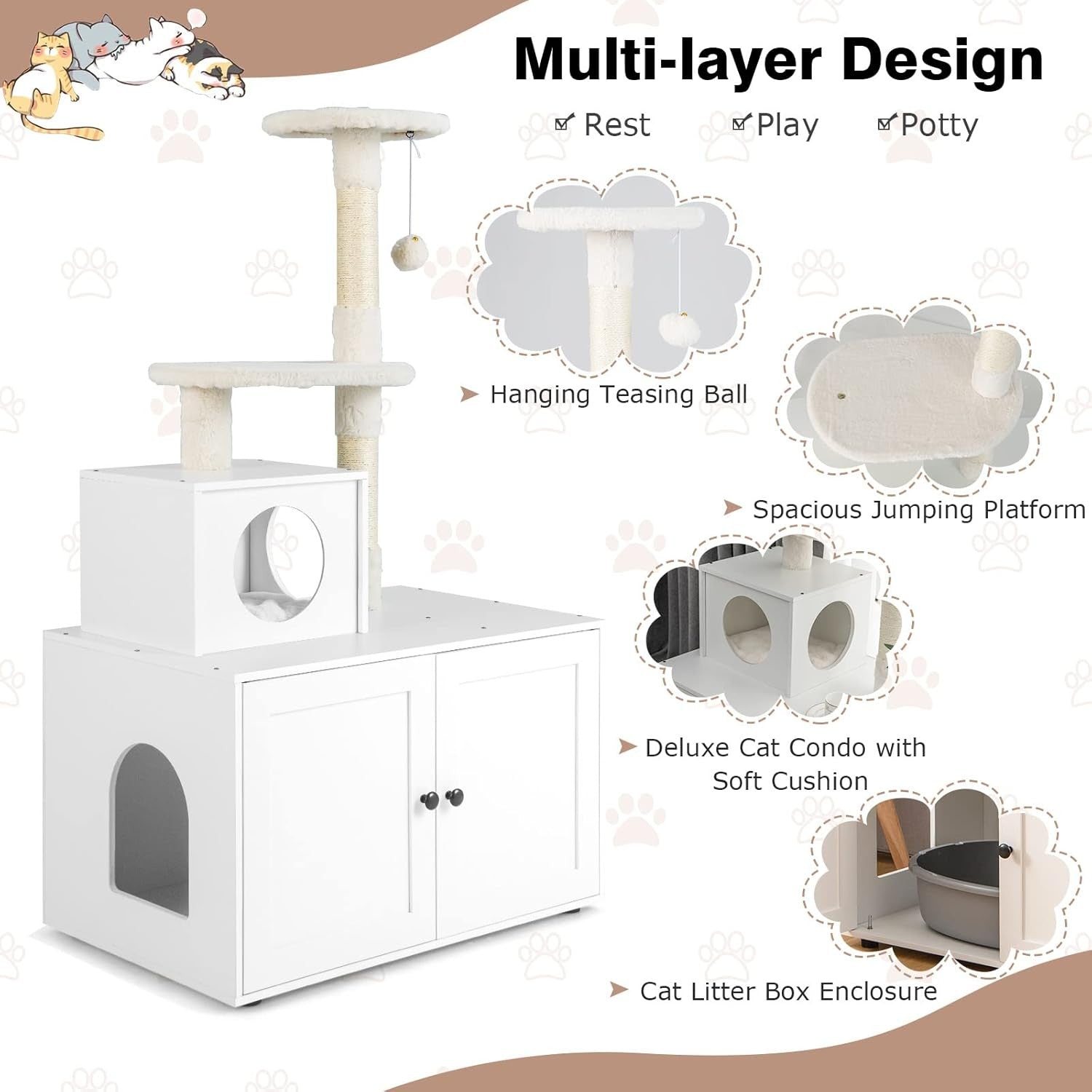 Hidden Cat Litter Box Furniture With Cat Tree Scratching Post Condo Indoor