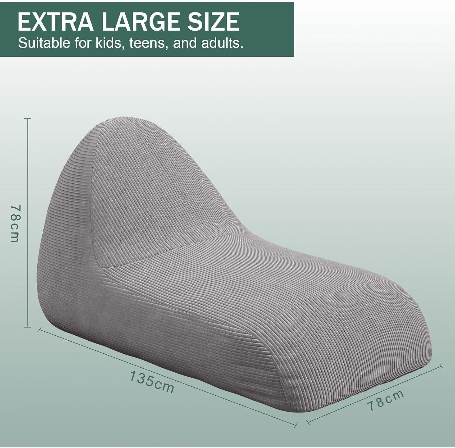 Large Grey Kids Bean Bag Chair with Removable Washable Cover - Durable Seat