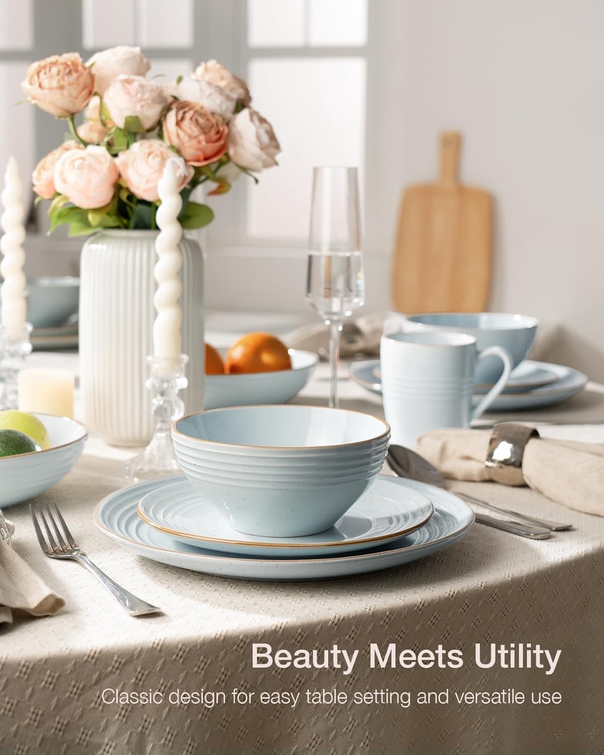 12pc Stoneware Dinner Set Light Blue Gold Rim Plates Bowls Dishwasher Safe