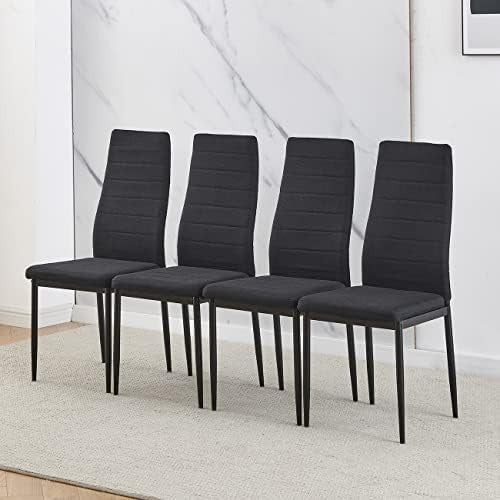 Round Glass Dining Table Set with 4 Black Linen Chairs for Small Spaces