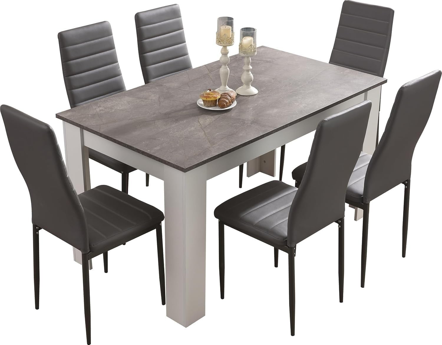 Grey Marble Dining Table Set with 6 PU Leather Chairs, Modern Kitchen